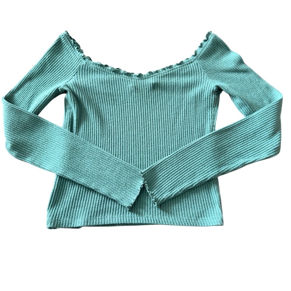 Abercrombie & Fitch Womens Off The Shoulder Ribbed Top Teal Green Lettuce Edge M - Picture 5 of 6